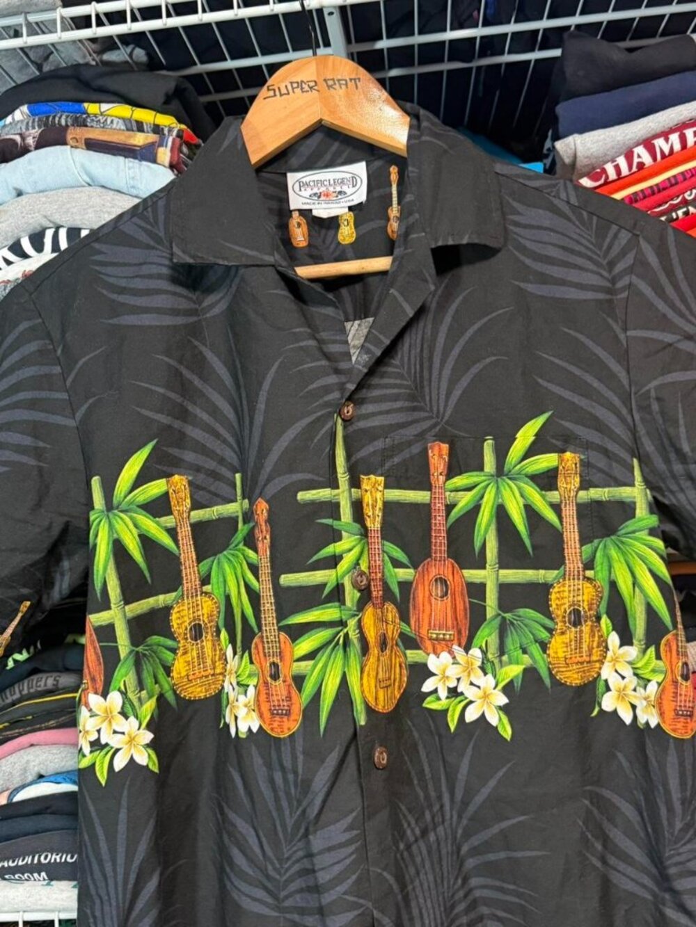 Vintage pacific legend Hawaiian ukulele graphic button up shirt black